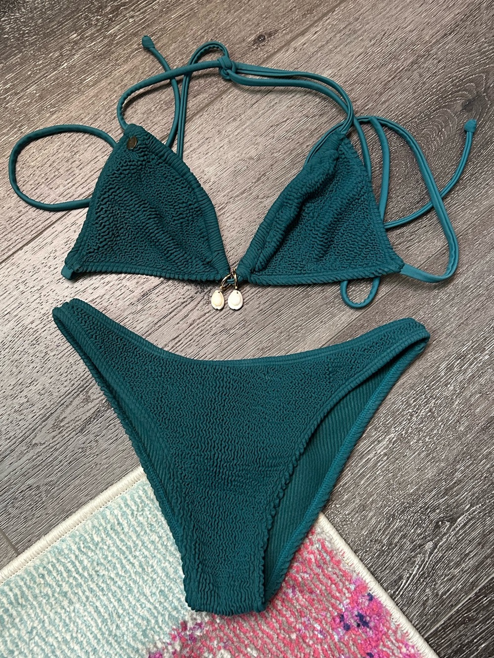 Lo Kal Dar Green Scrunch Tie Bikini with Seashell Charms